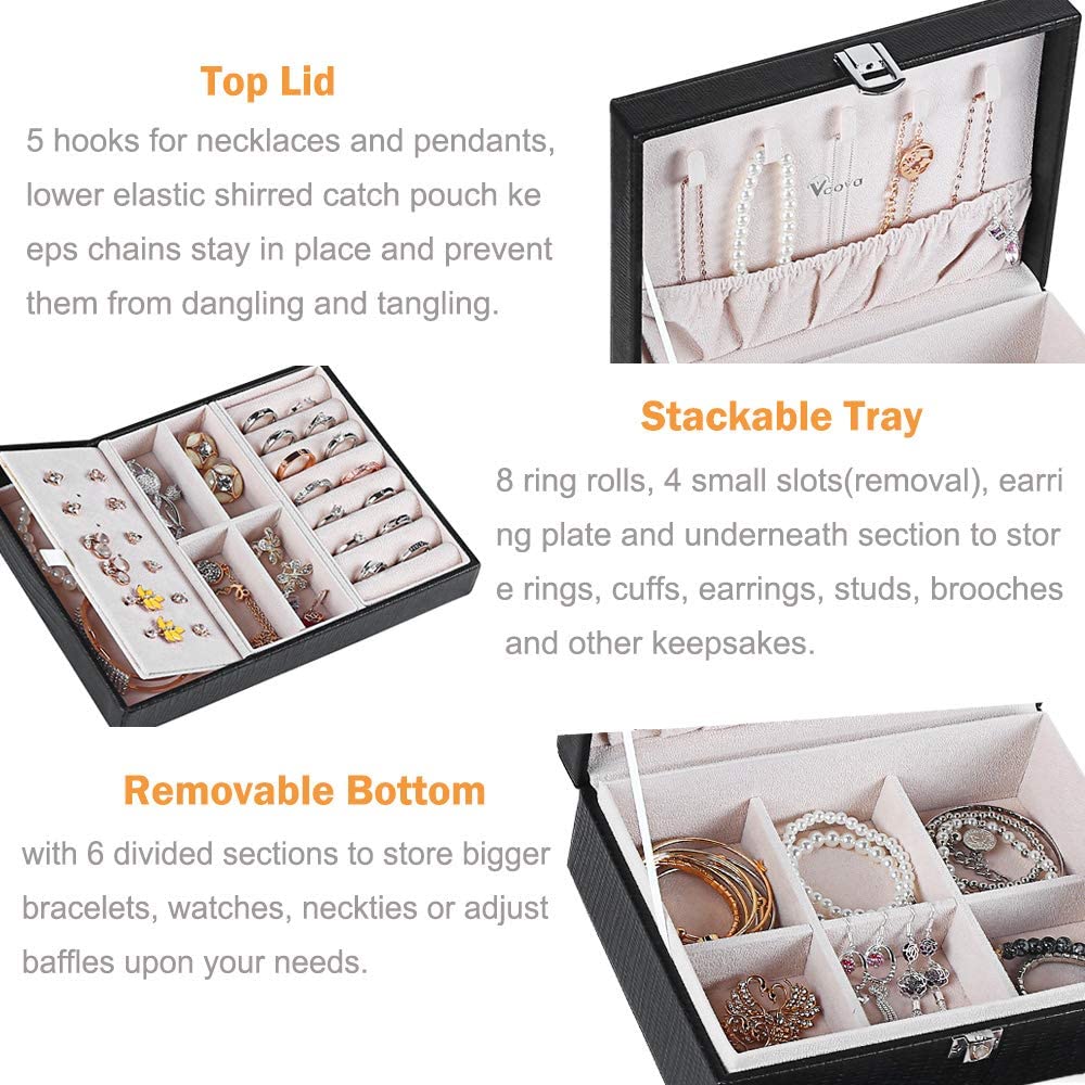 Voova Jewelry Box Organizer for Women Girls, 2 Layer Large Men Jewelry Storage Case, PU Leather Display Jewellery Holder with Removable Tray for Necklace Earrings Rings Bracelets, Vintage Gift,Grey - Image 2
